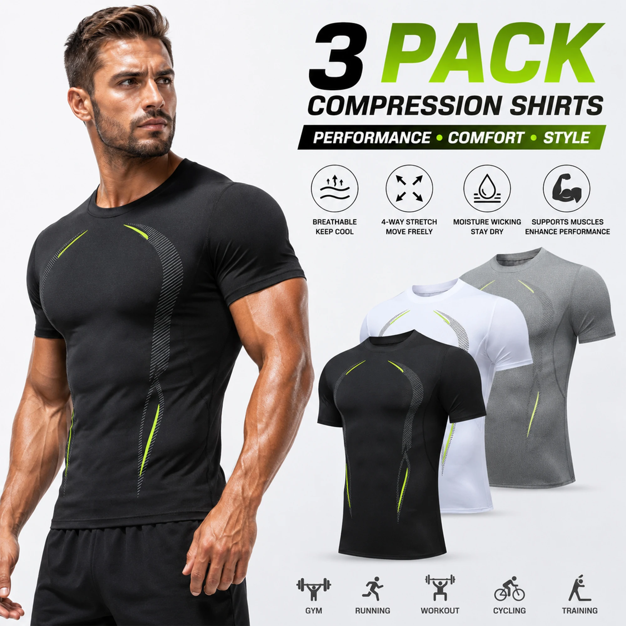 3-Pack Men's Compression Shirts Short Sleeve - Image 1